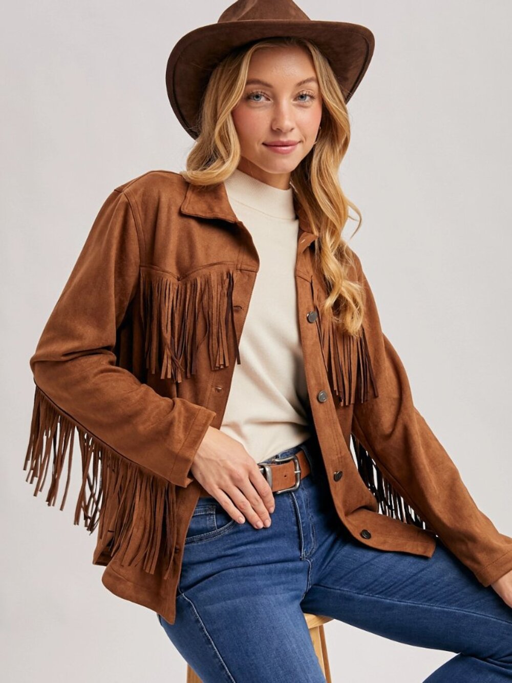Western Button Down Fringe Vegan Suede Jacket